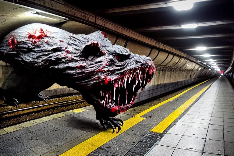 Image similar to very large giant mutant zombie irradiated ( angry rat ) staying on railways in tonnel of moscow subway. tonnel, railways, giant angry rat, furr, fangs, very realistic. extreme long shot, rusty colors, anish kapoor, ( herman nitsch, giger ).