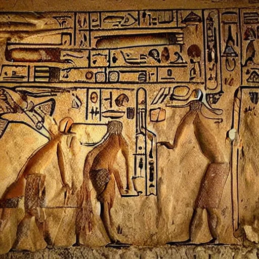 Prompt: Archaeologists discover cave painting with hieroglyphics depicting modern smartphones and aliens photorealistic
