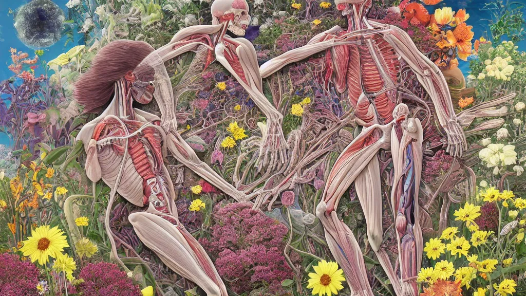 Image similar to highly detailed illustration of a human anatomy body exploded by all the known species of flowers by juan gatti, by makoto shinkai, by moebius!, by oliver vernon, by joseph moncada, by damon soule, by manabu ikeda, by kyle hotz, by dan mumford, by kilian eng