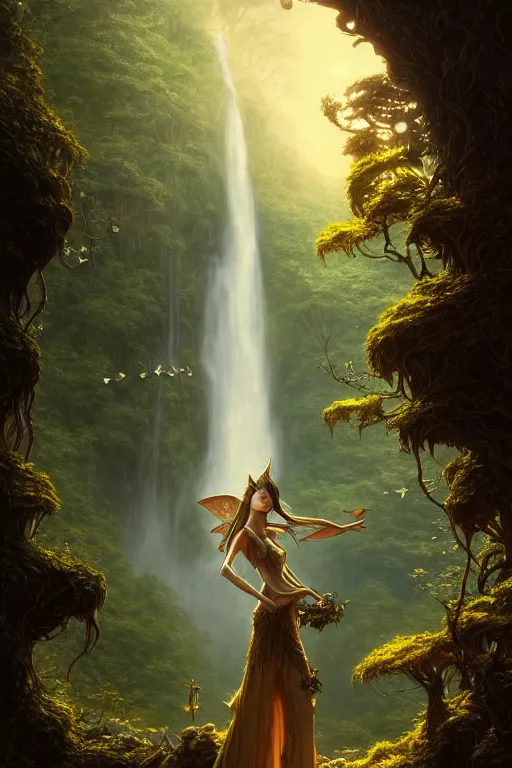 Image similar to detailed intricate digital illustration by greg rutkowski and artgerm and wlop and sanford robinson gifford ; gothic fantasy valley and waterfall faerie fey unseelie in background ; 1 3 mm film, arri alfa anamorphic lens ; sharp focus, golden hour, fireflies ; trending on artstation 8 k closeup