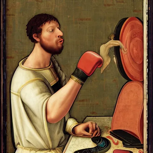 Prompt: gamer punching his monitor screen in a renaissance style