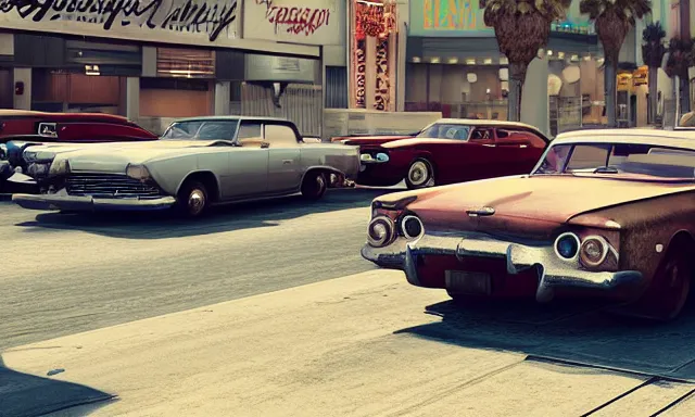 Prompt: rusty and clean vintage cars on the vegas strip, grand theft auto, photorealistic hyperdetailed 3 d matte painting, hyperrealistic, cinematic, unrealengine octane render,