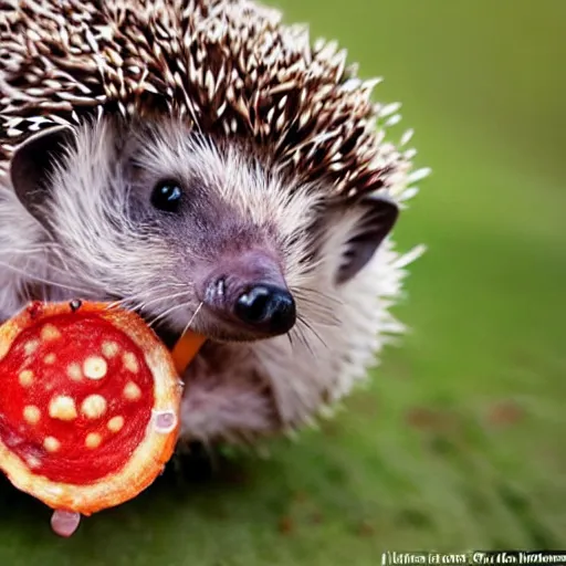 Image similar to still image of a cute hedgehog with pepperoni stuck to its back, photo