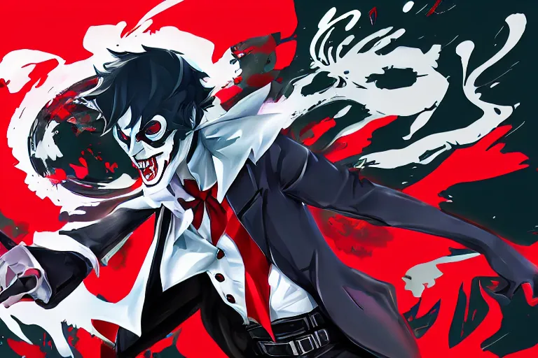 Prompt: splash art of Joker from Persona 5 as a league of legends champion, riot games, digital art