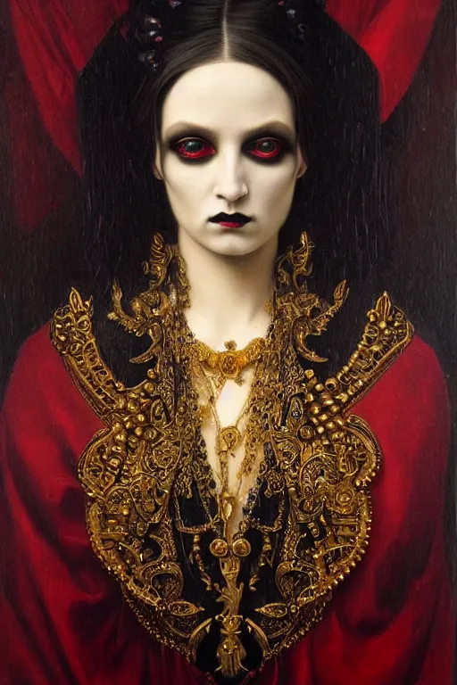 Image similar to hyper realistic painting portrait of goth queen, occult diagram, elaborate details, detailed face, intrincate ornaments, gold decoration, occult art, oil painting, art noveau, in the style of roberto ferri, gustav moreau, jean delville, bussiere, andrew gonzalez