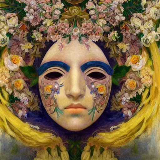 Image similar to masterpiece painting of a facemask made of flowers, by annie swynnerton and jean delville and tino rodriguez and diego rivera, flower mask, symbolist, dramatic lighting, god rays, elaborate geometric ornament, clean crisp graphics, soft cool colors, smooth sharp focus, extremely detailed