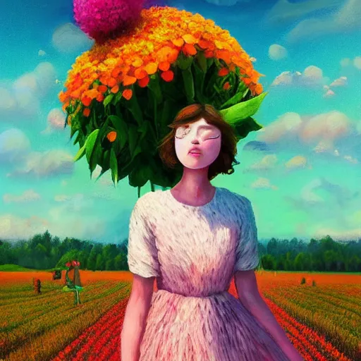 Prompt: full body girl with giant flower for a face, surreal photography, dream, dress made from the flower field she walks through, hills, big trees, sunrise dramatic light, impressionist painting, colorful clouds, digital painting, pointillism, artstation, simon stalenhag