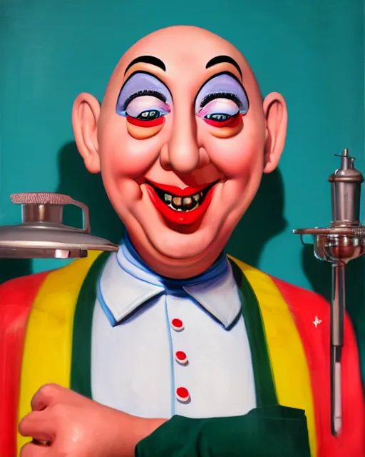 Prompt: closeup profile face profile portrait of a tin toy schlitzie as a waitress in a diner, bikini, hyper realistic, artstation, illustration, concept art by dan decarlo, digital paint, matte paint, vivid colors, bright, cheerful, detailed and intricate environment