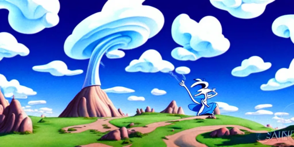 Prompt: cartoon concept art, clean blue sky, spiral cirrus clouds, from sam and max