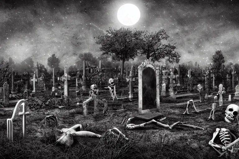 Prompt: skeletons and dead come out of the ground in a cemetery, dark night, full moon, highly detailed digital art, photorealistic