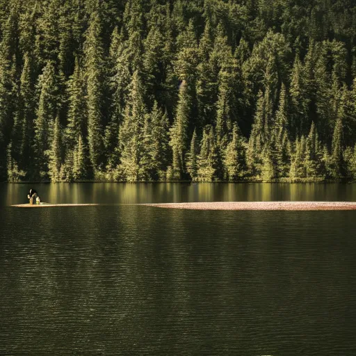 Prompt: Mysty lake, single human floating in the lake in the distance, dark