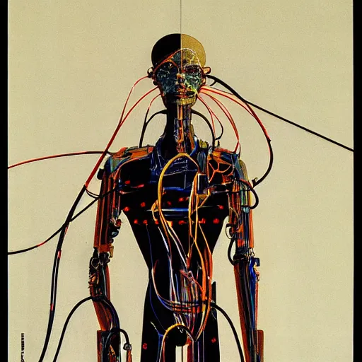 Prompt: a cyborg with wires and cables Bursting out of them painfully concept art by syd mead and Zdzisław Beksiński