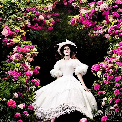 Prompt: full body fashion model emma watson by Winslow Homer smokey eyes makeup eye shadow fantasy, glow, shimmer as victorian woman in a long white frilly lace dress and a large white hat having tea in a sunroom filled with flowers, roses and lush fern flowers ,intricate, night, highly detailed, dramatic lighting , high quality