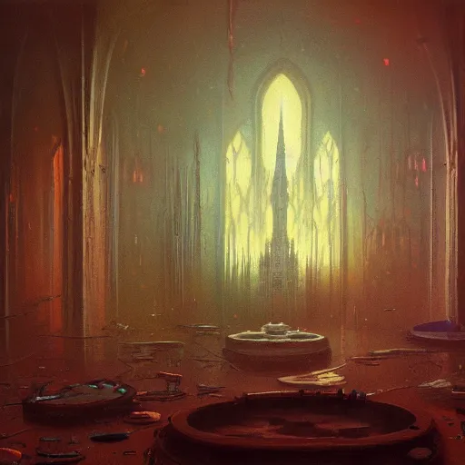 Image similar to detailed painting of bladerunner interior room with celestial ephemeral ornaments and gothic architecture, artstation, beksinski, cinematic