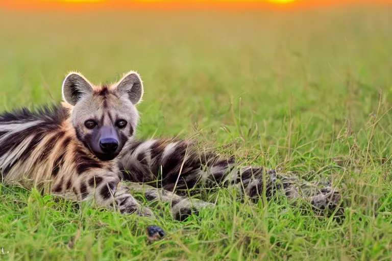 Prompt: striped hyena laying in between the grass in savannah lit by the sunset, zoomed out, birds - eye - view