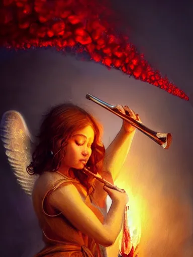 Image similar to a beautiful angel blowing a trumpet. fire rain during apocalypse. intricate, elegant, highly detailed, digital painting, artstation, concept art, sharp focus, illustration, by justin gerard and artgerm, 8 k