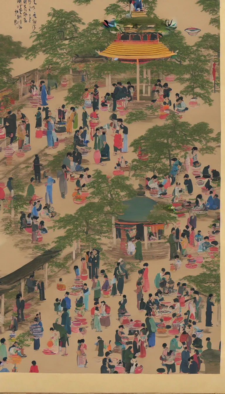 Prompt: painting of a pagoda, people drinking tea and paper lanterns