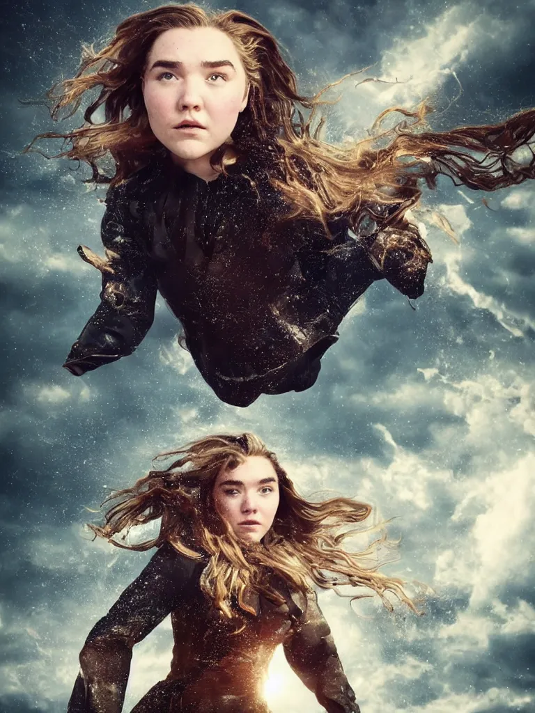 Prompt: expressive full body photo of florence pugh flying through a storm of debris, decolletage, confident pose, coherent, insane detail, concept art, character concept, cinematic lighting, global illumination radiating a glowing aura