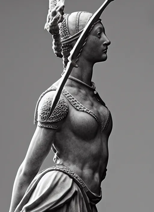 Image similar to a medieval female mercenary, elegant, filigree renaissance sculpture from marble, brilliant symmetry, created by verrocchio andrea, leonardo da vinci, sandro botticelli, raffaelle monti, epic 7 0 mm lens shot, artstation trending, photorealism, sharp focus, smooth, establishing shot, sense of awe