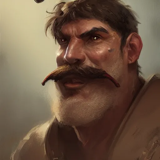 Image similar to portrait old barbarian warrior with trucker mustache and short hair, 8 k, trending on art station, by tooth wu and greg rutkowski