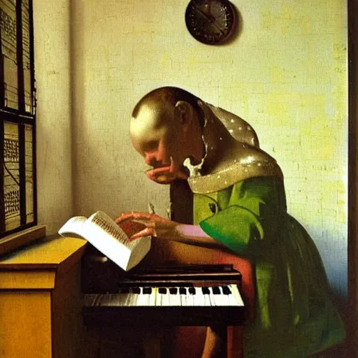 Image similar to octopus playing piano, sitting on the piano stool, oil painting, vermeer