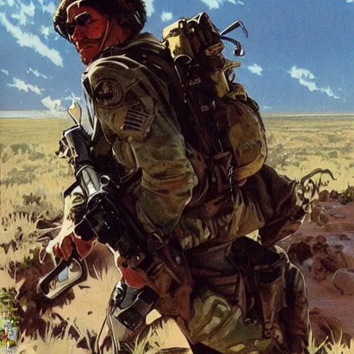 Image similar to Hector. USN special forces recon operator on patrol Australian neutral zone. 2087. Concept art by James Gurney and Alphonso Mucha
