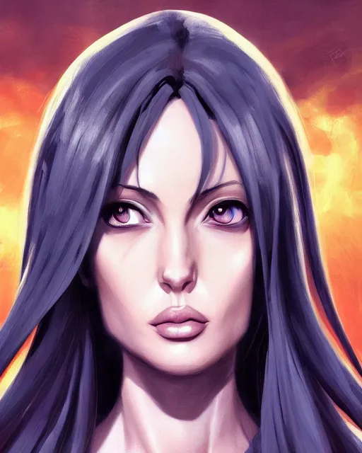 Image similar to capcom character, anime portrait of angelina jolie, highly detailed, digital painting, artstation, character, concept art, smooth