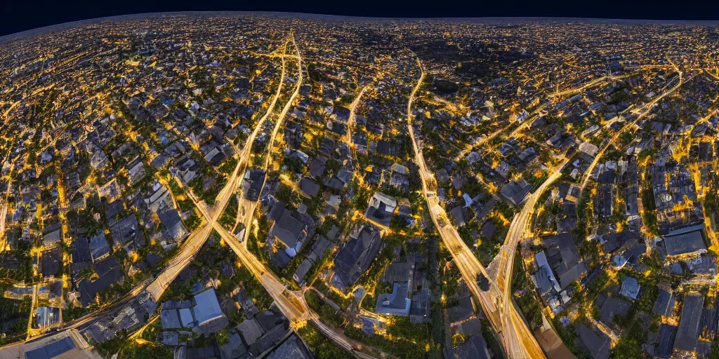 Image similar to Night view of suburb streets and residential apartment buildings in the distance. 3d spherical panorama with 360 viewing angle ready for virtual reality or vr. full equirectangular projection. sightseeing. full moonlit sky