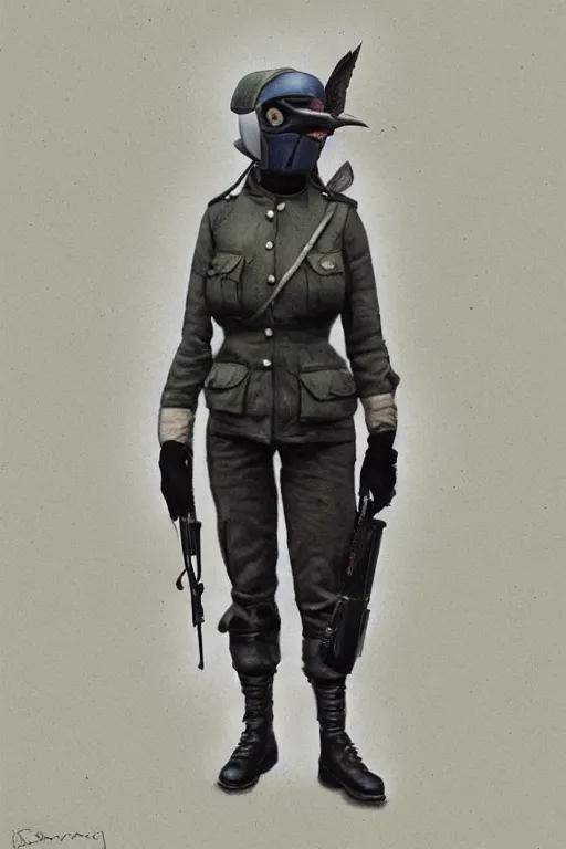 Prompt: ww 1 british sas female masked operative with the standard black uniform and a white porcelain crow mask, artstation, trending on artstation, establishing shot, by simon stalenhag