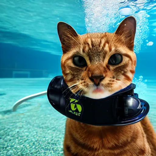 Prompt: cat wearing a diving mask underwater on a swimming pool