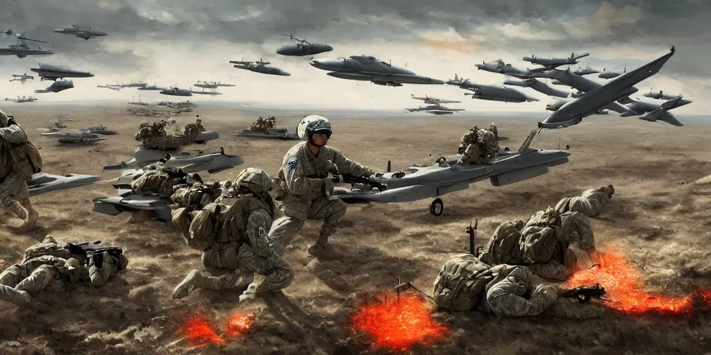 Prompt: United States Air Force alongside Albert Einstein, epic battle, huge fight, massive battlefield, ground fight, war torn landscape, soldiers, US soldiers, US army, guns, rifles, radioactive battlefield, digital art, trending on art station, extremely detailed, 8k