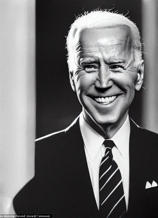 Prompt: creepy joe biden staring directly at you ominously with an eerie comically big scary smile, 1940s scare tactic propaganda art