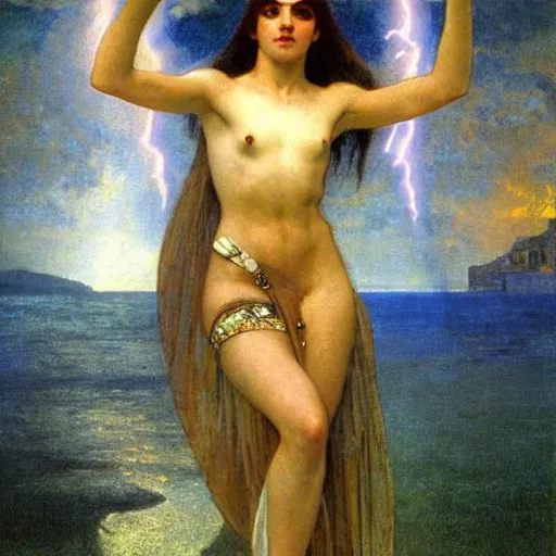 Image similar to Demon Girl at the palace, refracted sparkles, thunderstorm, greek pool, beach and Tropical vegetation on the background major arcana sky, by paul delaroche, alphonse mucha and arnold böcklin, hyperrealistic 8k, award-winning, very very very detailed