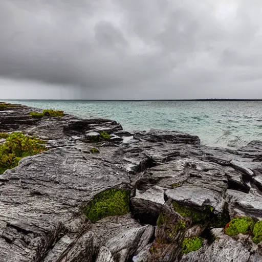 Image similar to rocky shore of the Bruce Peninsula on an overcast day, rain droplets falling in the water, 8k photo