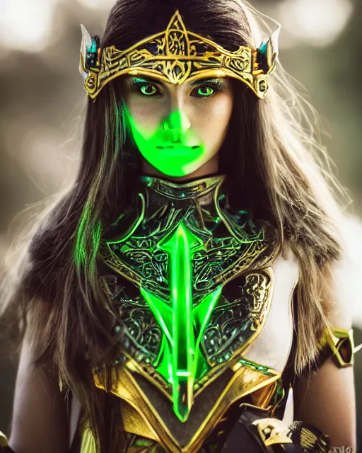 Image similar to a beautiful elf ranger with long hair and green eyes, no helmet, wearing green and gold futuristic mecha armor, with ornate rune carvings and glowing lining, very detailed, shot in canon 50mm f/1.2,