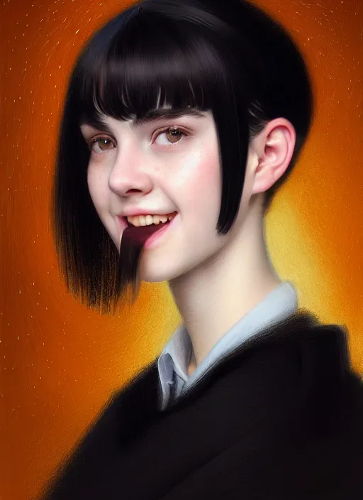 Image similar to portrait of white teenage girl, narrow face, short black hair and eyebrows, bangs, half updo hairstyle, buck teeth, unattractive, defined jawline, long chin, smile, hair bow, intricate, elegant, glowing lights, highly detailed, digital painting, artstation, sharp focus, illustration, art by wlop, mars ravelo and greg rutkowski