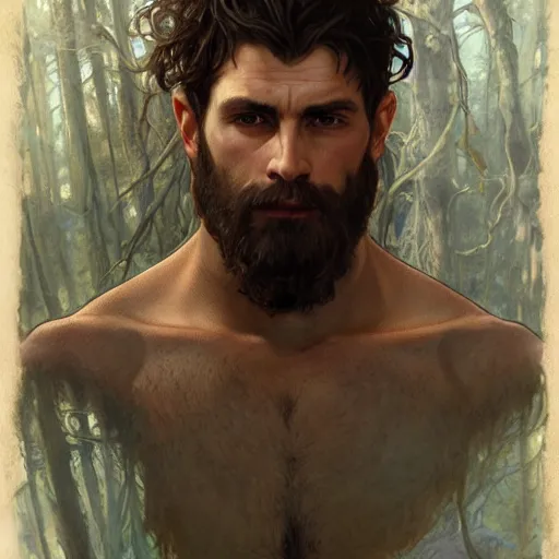 Image similar to portrait of the god of the forest, 30 years old, rugged, male, gorgeous, detailed face, amazing, hairy torso, muscular, intricate, highly detailed, digital painting, artstation, concept art, sharp focus, illustration, art by greg rutkowski and alphonse mucha