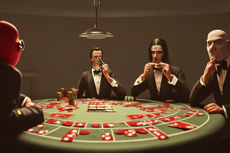 Image similar to hyperrealism simulation highly detailed human turtles'wearing detailed tuxedos and smoking, playing poker in hyperreilsm scene from cyberpunk movie from future by wes anderson and denis villeneuve and mike winkelmann rendered in blender and octane render