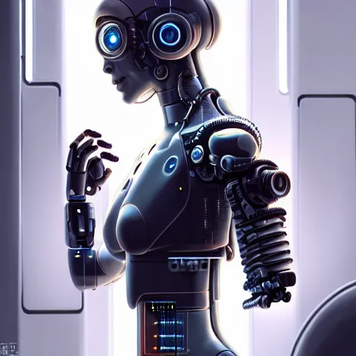 Image similar to ultra detailed, Perfectly-Centered Portrait of a Mechanical Cyberpunk Female Android, looking into the camera, intricate, elegant, super highly detailed, professional digital painting, artstation, concept art, smooth, sharp focus, no blur, no dof, extreme illustration, Unreal Engine 5, Photorealism, 8k, cinematic, art by artgerm and greg rutkowski and alphonse mucha and loish and WLOP