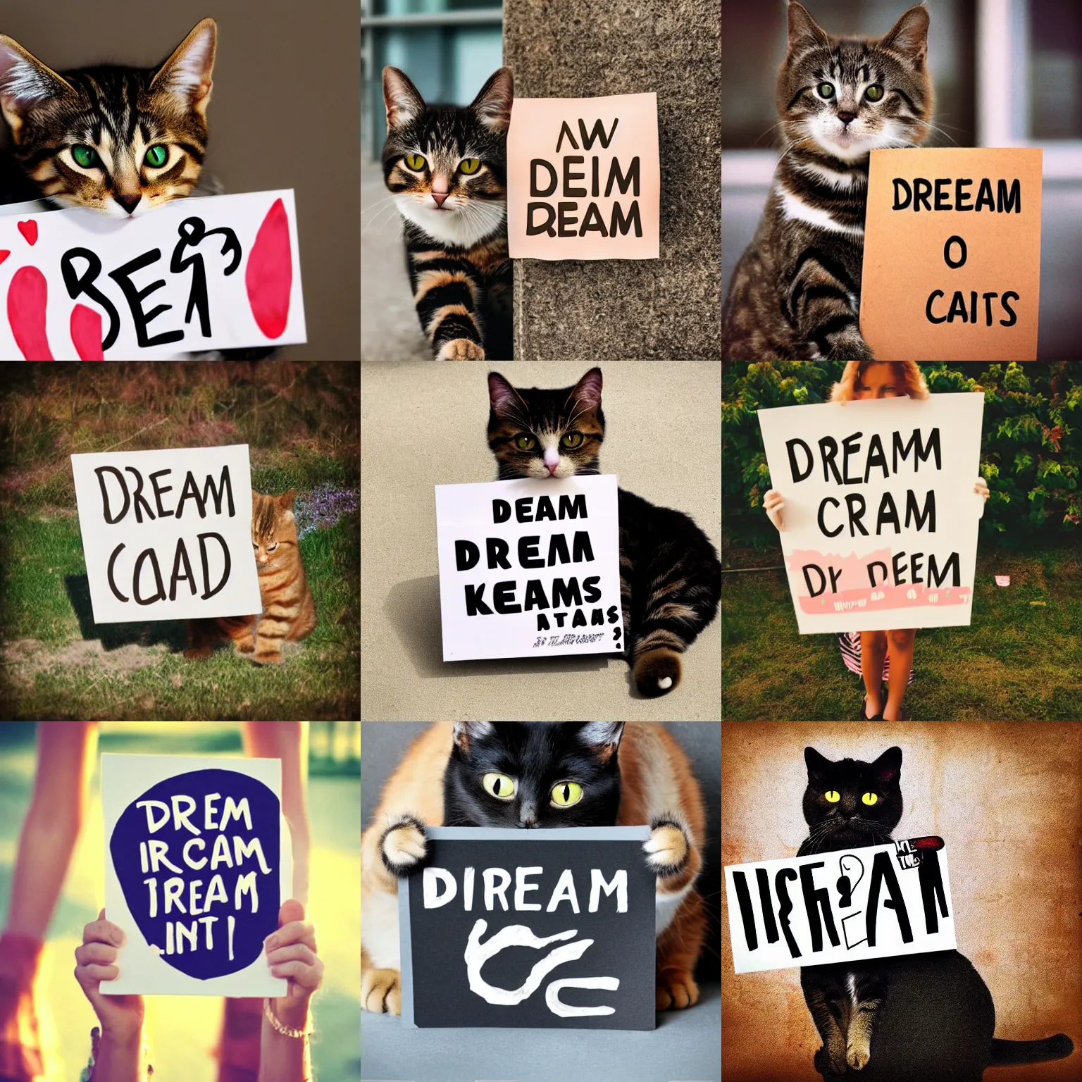 Image similar to realistic high quality photo of a cute cat holding a sign with text that reads : dream cats