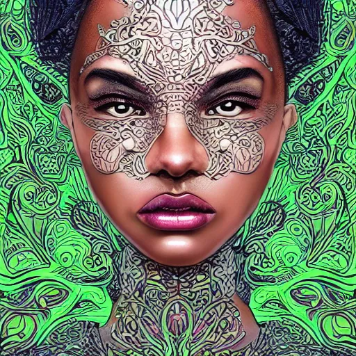 Prompt: the portrait of an extremely beautiful, gorgeous, elegant, graceful, sensual, and sophisticated young black woman partially made of cucumbers, an ultrafine detailed illustration by james jean, intricate linework, bright colors, final fantasy, behance contest winner, vanitas, angular, altermodern, unreal engine 5 highly rendered, global illumination, radiant light, detailed and intricate environment