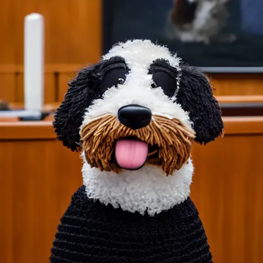 Image similar to a closeup photorealistic photograph of a cute smiling knitted bernedoodle judge dog dressed in a black gown, presiding over the courthouse. indoors, professional capture, well lit shot. this 4 k hd image is trending on artstation, featured on behance, well - rendered, extra crisp, features intricate detail, epic composition and the style of unreal engine.