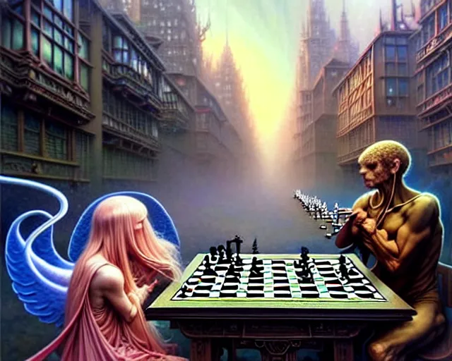 Image similar to street view of an angel and a demon playing chess with humans!!!!, fantasy landscape made of fractals facing each other, ultra realistic, wide angle, intricate details, the fifth element artifacts, highly detailed by peter mohrbacher, hajime sorayama, wayne barlowe, boris vallejo, aaron horkey, gaston bussiere, craig mullins