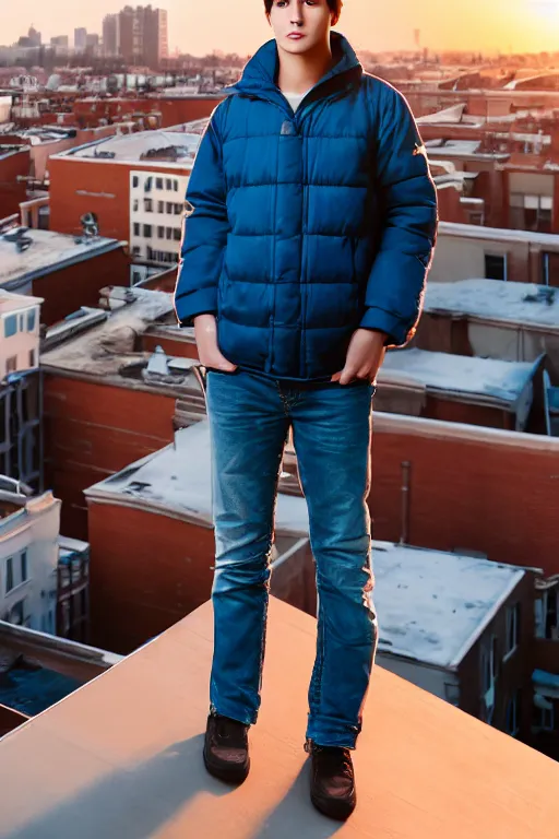 Prompt: un ultra high definition studio quality photographic art portrait of a young man standing on the rooftop of an apartment building wearing all eclectic soft padded clothing. three point light. extremely detailed. golden hour, golden ratio, ray tracing, volumetric light, shallow depth of field. set dressed.