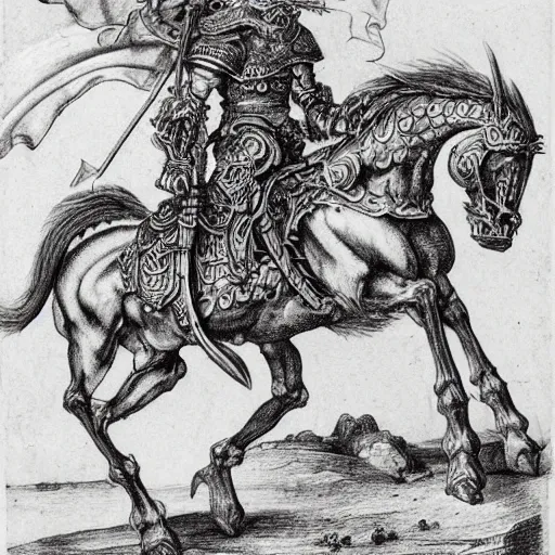 Prompt: skeleton warrior in a fire horse with a very ornate armor, very detailed, complex drawing, hyper detailed, renaissance, monochrome, albert durer style