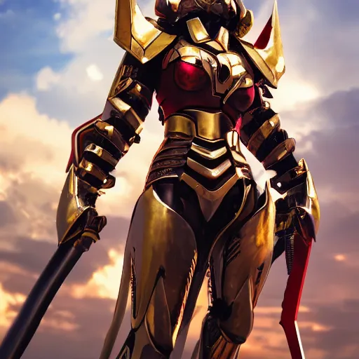 Prompt: picture of metal armored valkyrie, crimson plated, sword and shield, golden wings, divine vibes, light brown hair, white skin, shiny golden eyes, sky background, sharp focus, highly detailed, cinematic lighting, studio quality, smooth render, unreal engine 5 rendered, octane, rendered