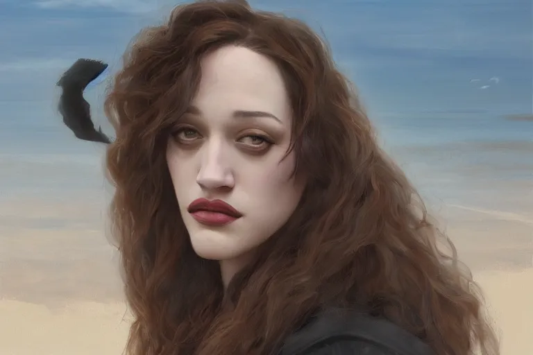 Prompt: A portrait of Kat Dennings as a Witch at a Beach by Ruan Jia and Mandy Jurgens and Artgerm and william-adolphe bouguerea, highly detailed, trending on artstation, award winning, H 768