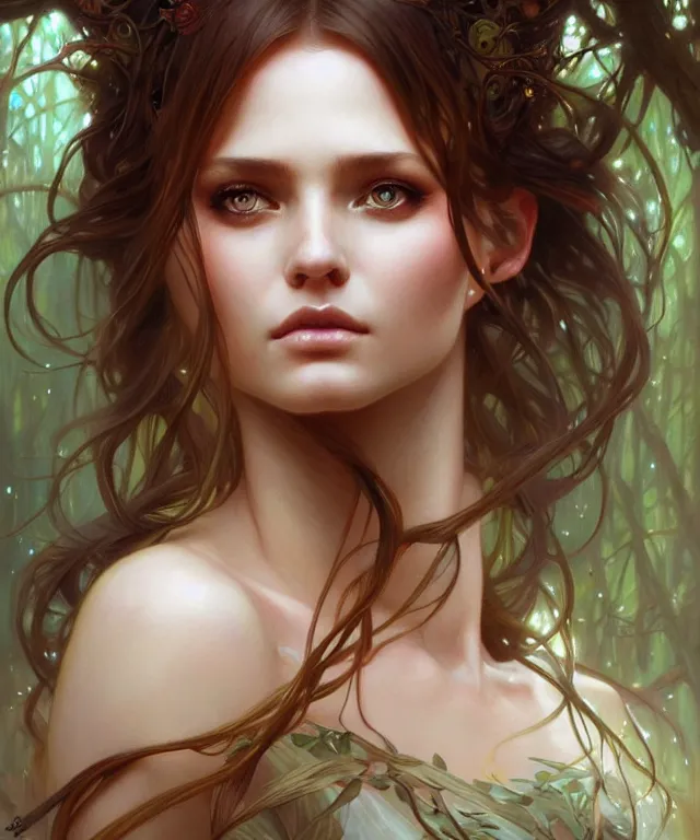 Image similar to Forest nymph woman portrait, amber eyes, face, long hair, fantasy, intricate, elegant, highly detailed, digital painting, artstation, concept art, smooth, sharp focus, illustration, art by artgerm and greg rutkowski and alphonse mucha