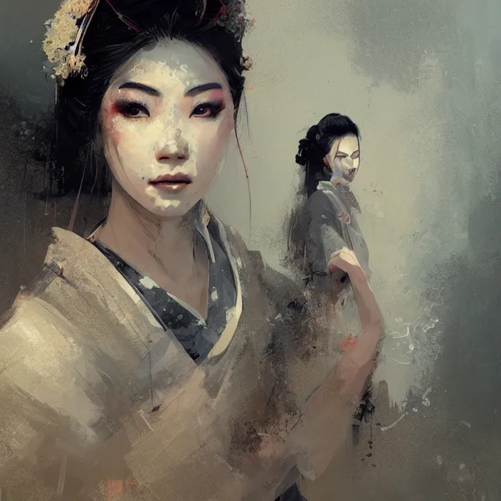 Image similar to female geisha girl, beautiful face, rule of thirds, intricate outfit, spotlight, by greg rutkowski, by jeremy mann, digital painting