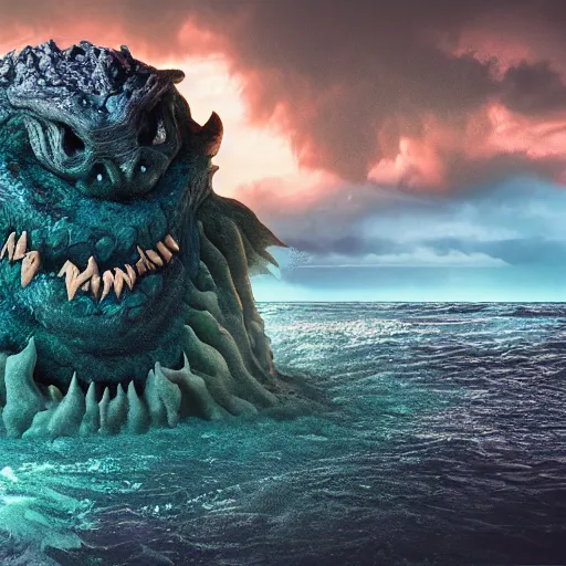 Prompt: nightmare monster emerging from sea surface, but monster is dendritic, thunderstorm in background, ultra realistic, raytracing, color